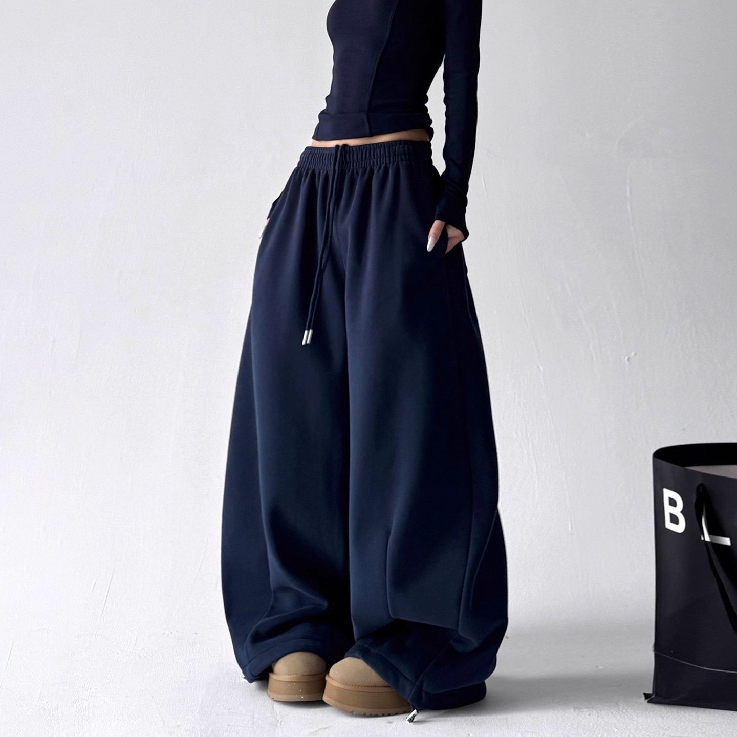 美式藏青色阔腿休闲长裤女2025冬季新款加绒加厚重磅宽松运动卫裤