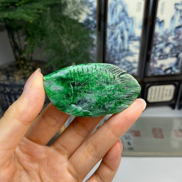 毛货  藓加绿年年有余鱼挂件 天然翡翠A货