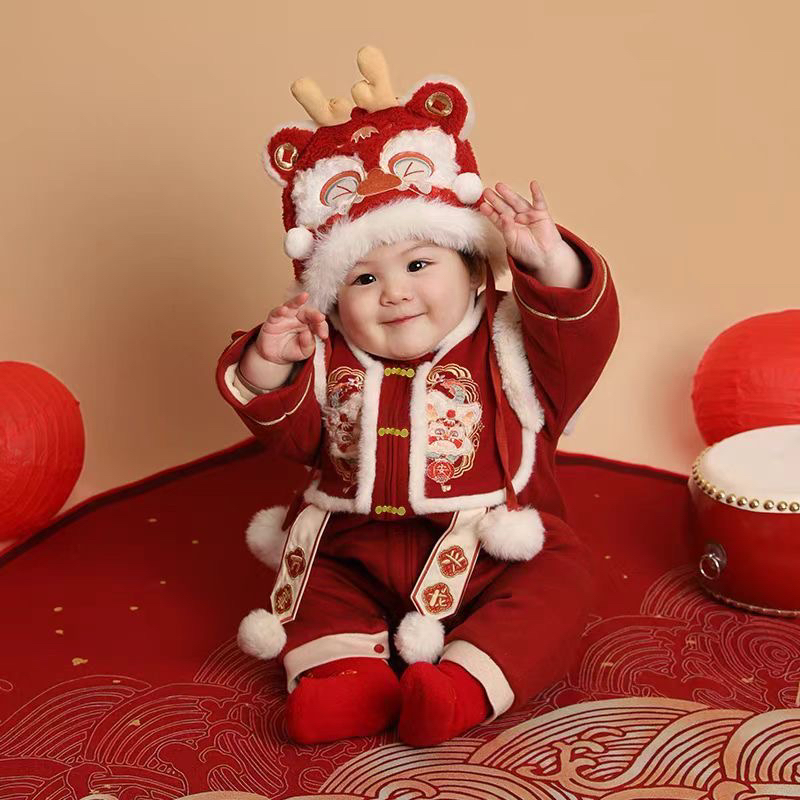 拜年服正常发货婴儿冬季新年服厚棉满月百天周岁抓周礼服加绒礼服