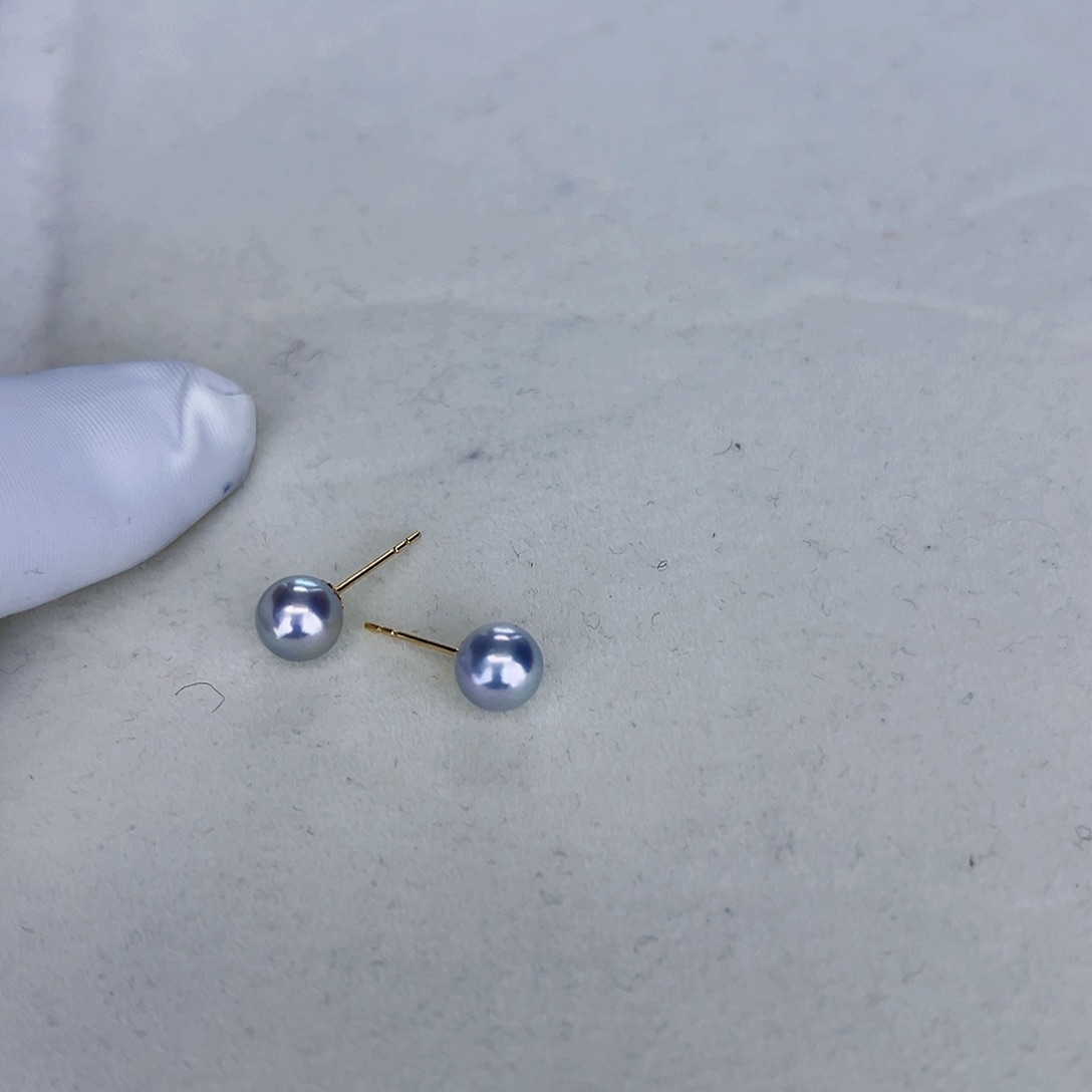 海水珍珠海水akoya真多麻色耳钉6-6.5mm18K金镶嵌