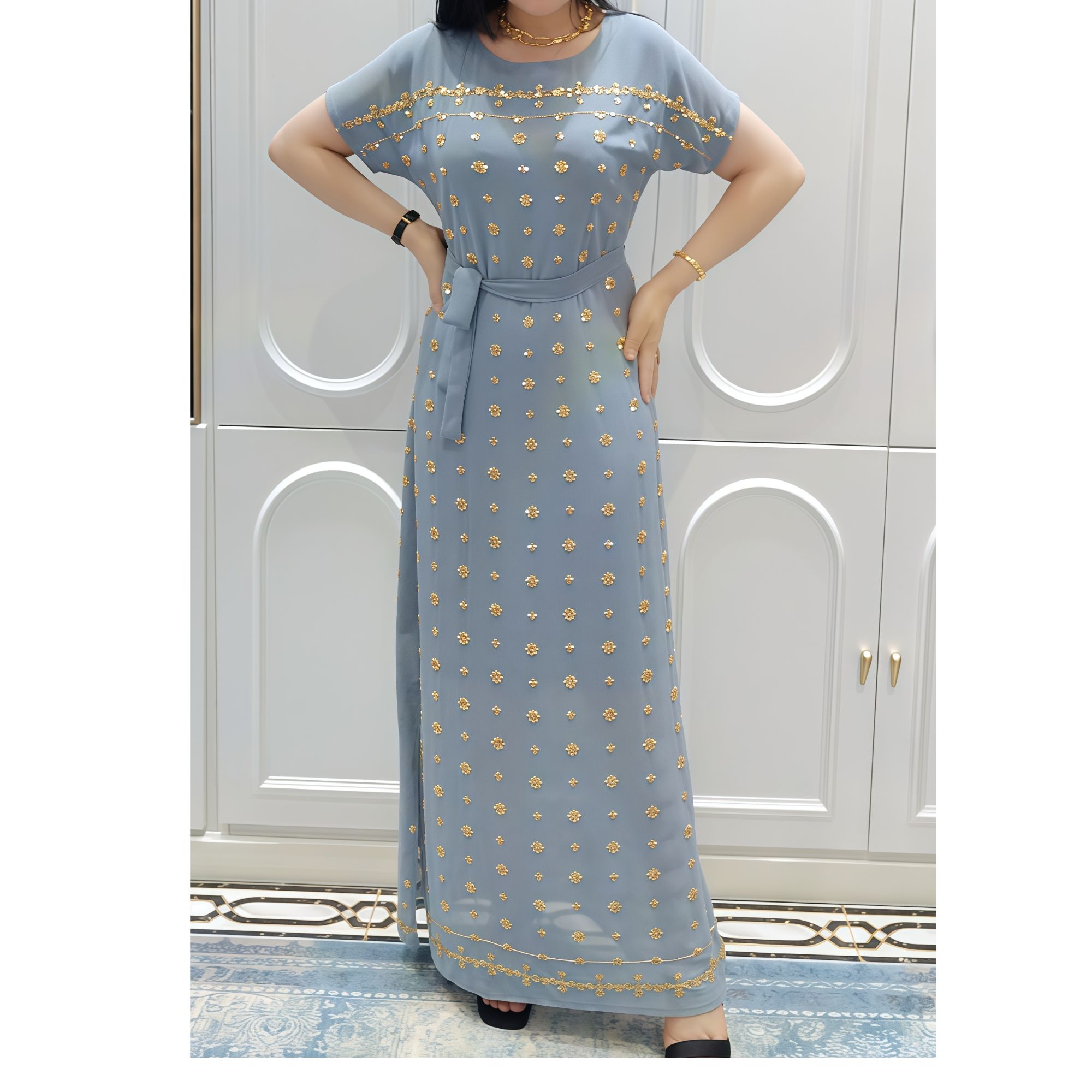 手工珠子长裙套头法式名媛连衣裙气质裙子拉链圆领夏季轻奢时尚