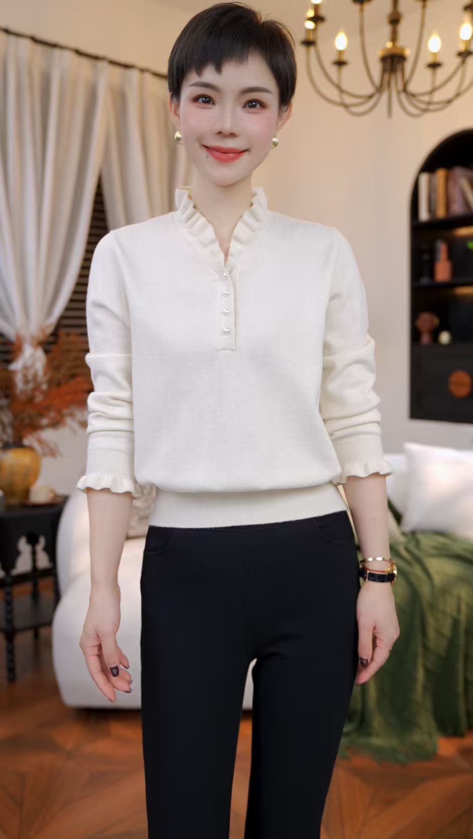 【橙蜜客】法式优雅 木耳边半开领珍珠扣毛衣针织衫2554M000686