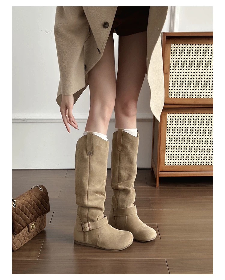 【火火专属】增高6cm~西部长靴平底V口女皱褶堆堆靴大筒围显瘦高筒