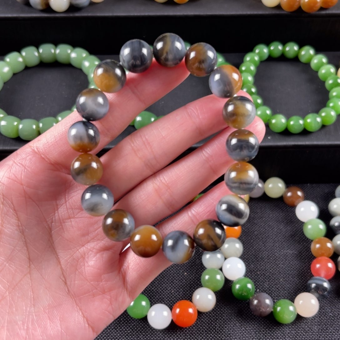 和田玉手串未镶嵌R*D卡12楼兰三色