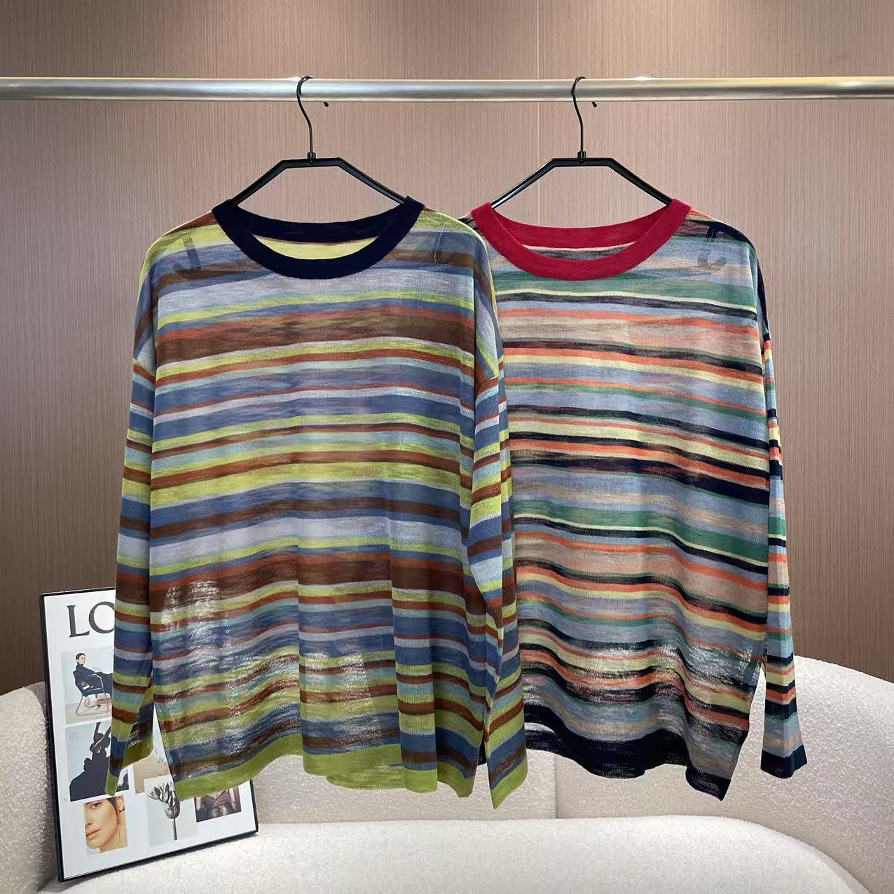 【彩虹条纹】新款复古彩虹条纹撞色圆领冰丝长袖防晒针织上衣38501