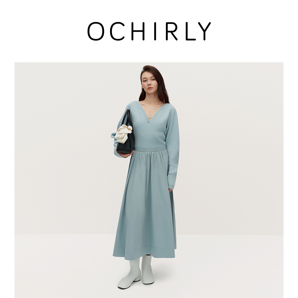 【达人】欧时力 拼接假两件针织连衣裙羊腿袖气质V领秋冬新