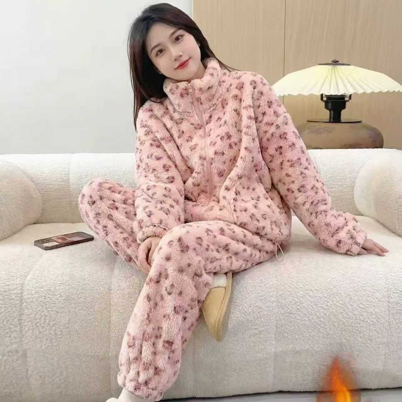 保暖长袖豹纹冬季睡衣家居服套装加绒粉色冬款加厚
