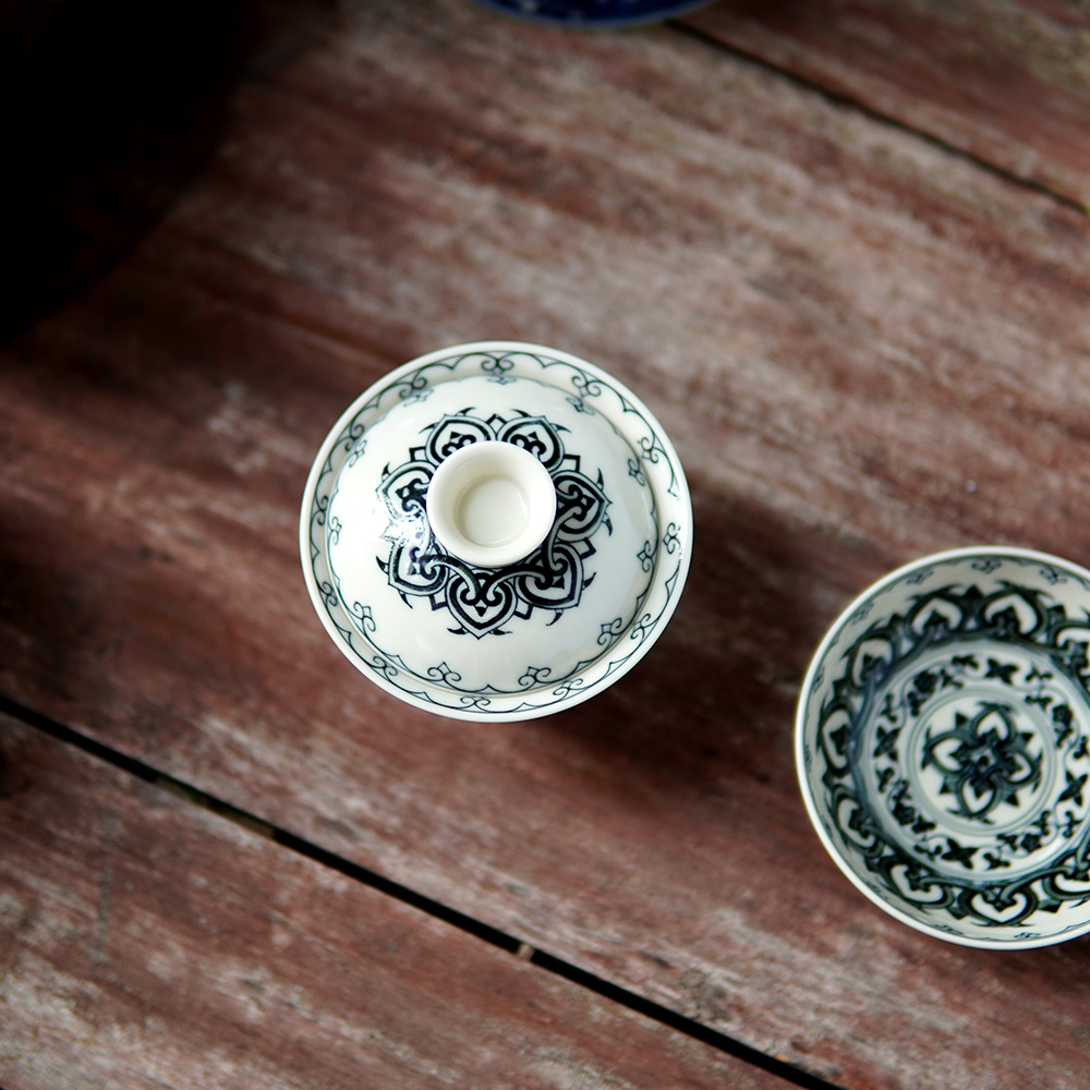 JM038景墨春风—景德镇手工手绘2号釉宝相盖碗（120ml)