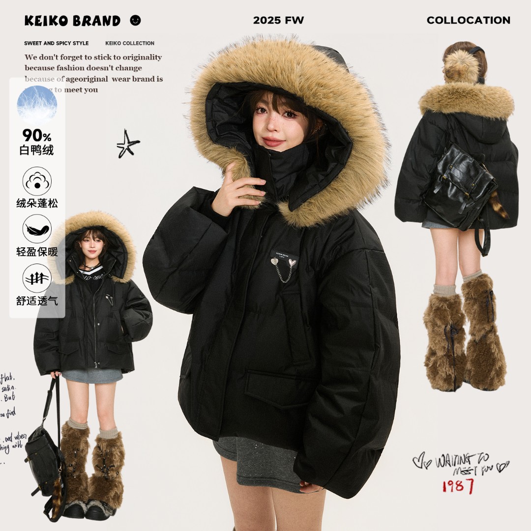 KEIKO 可卸大毛领连帽黑色短款羽绒服女25冬季肌理感90白鸭绒外套