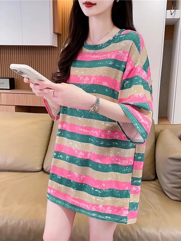 2025条纹短袖t恤女夏季扎染新款大码女装宽松韩版中长款设计感潮