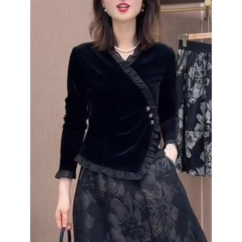 欧货法式丝绒斜领衬衫女秋冬新款妈妈精致打底衫卡腰套头长袖上衣