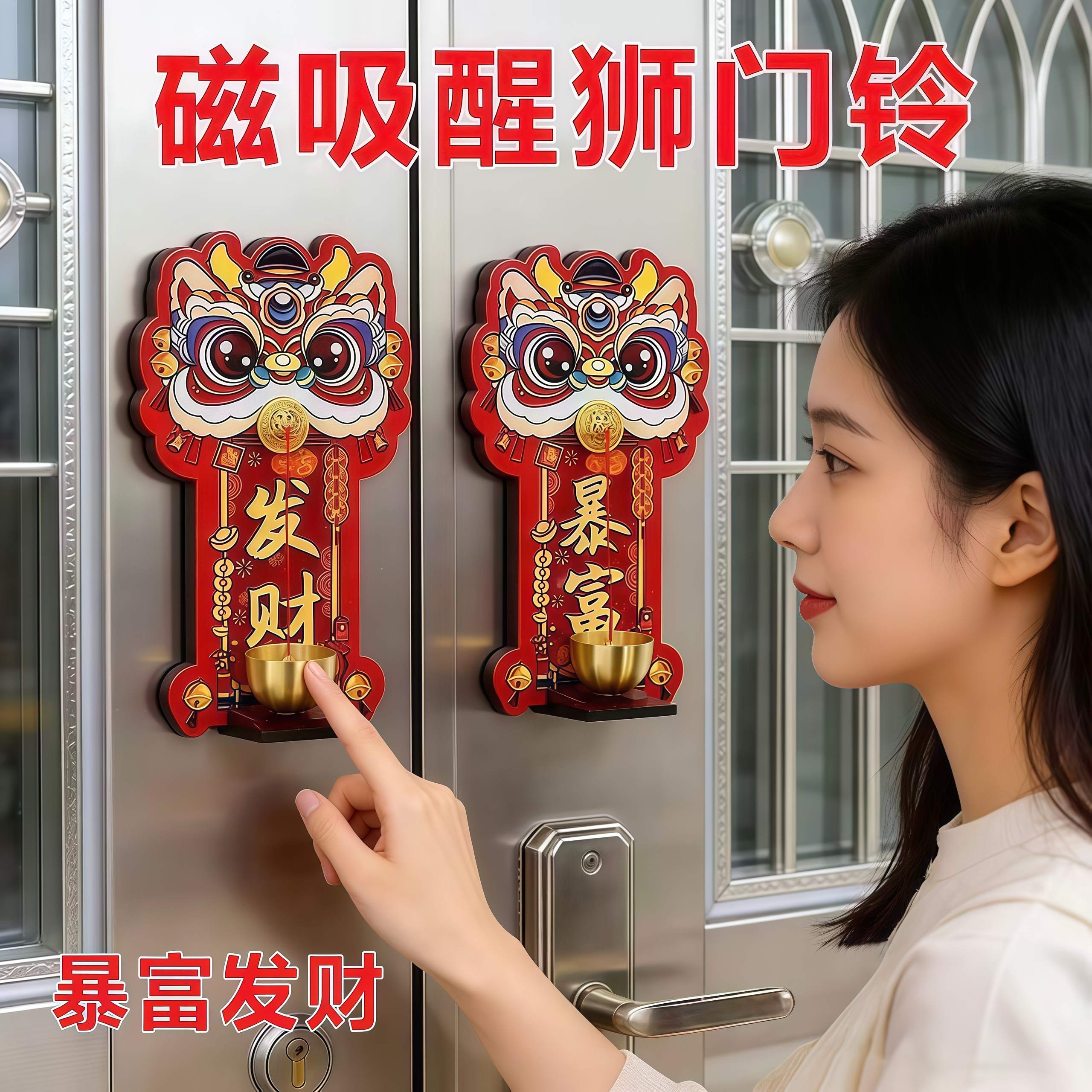 多巴胺醒狮磁吸门铃入户立体新年装饰铜铃贴过年氛围冰箱贴【CY】