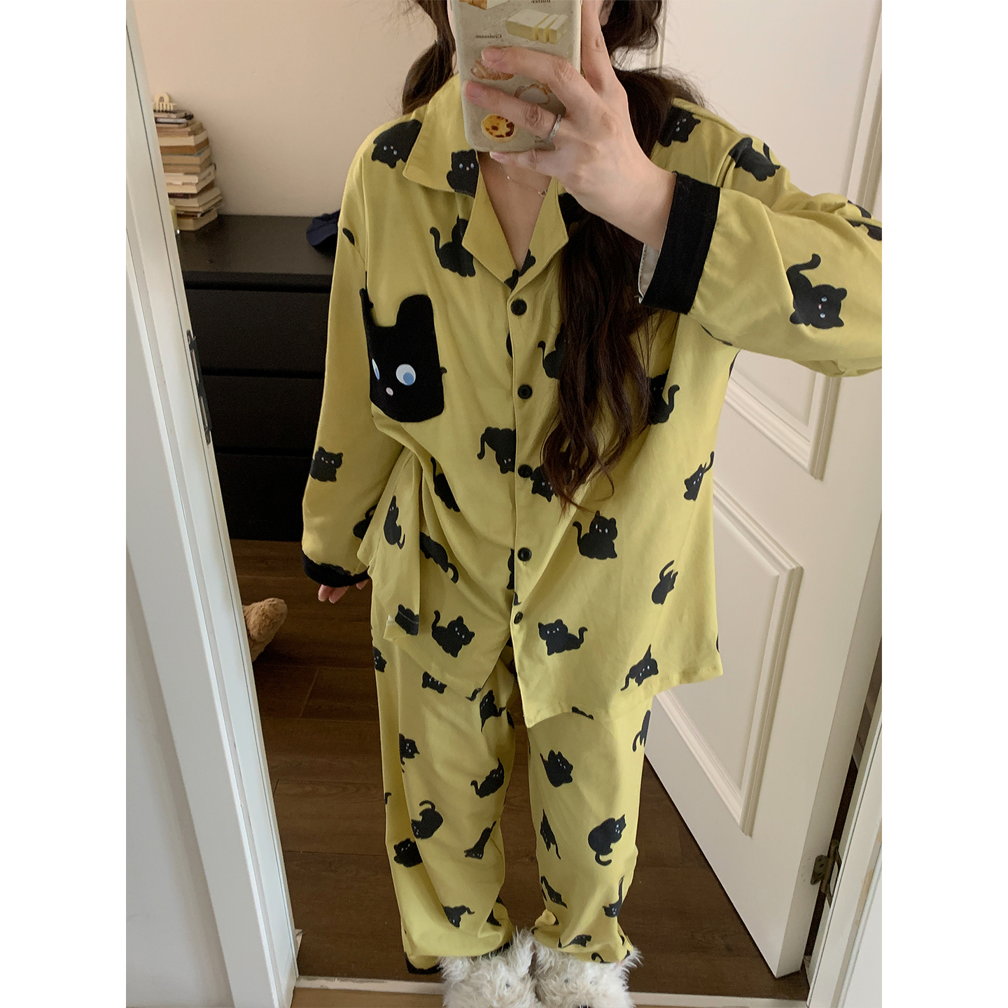 睡衣女春秋季长袖纯棉可外穿小黑猫印花带胸垫休闲宽松家居服套装