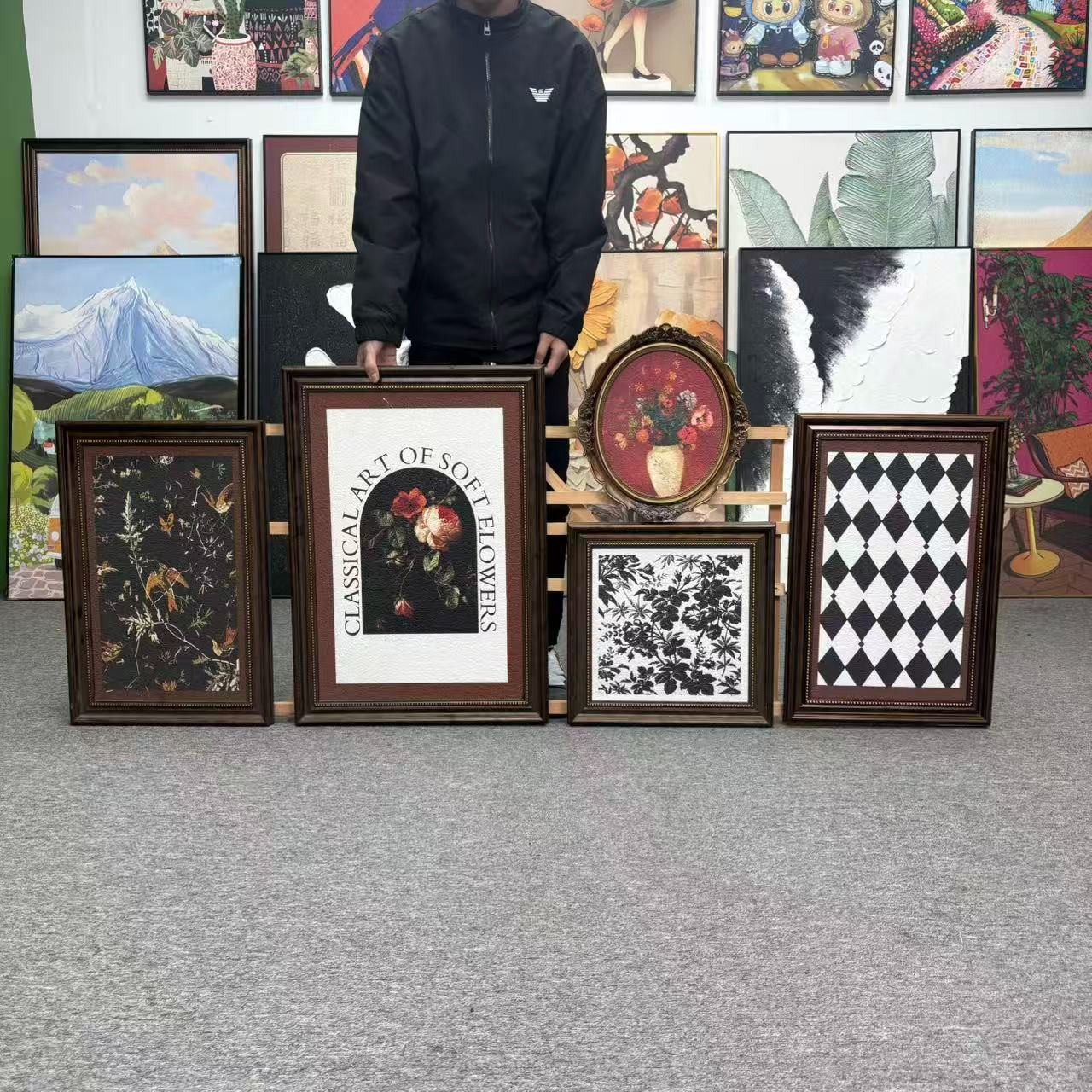 美式轻奢复古花卉格子沙发背景墙法式客厅组合装饰画500