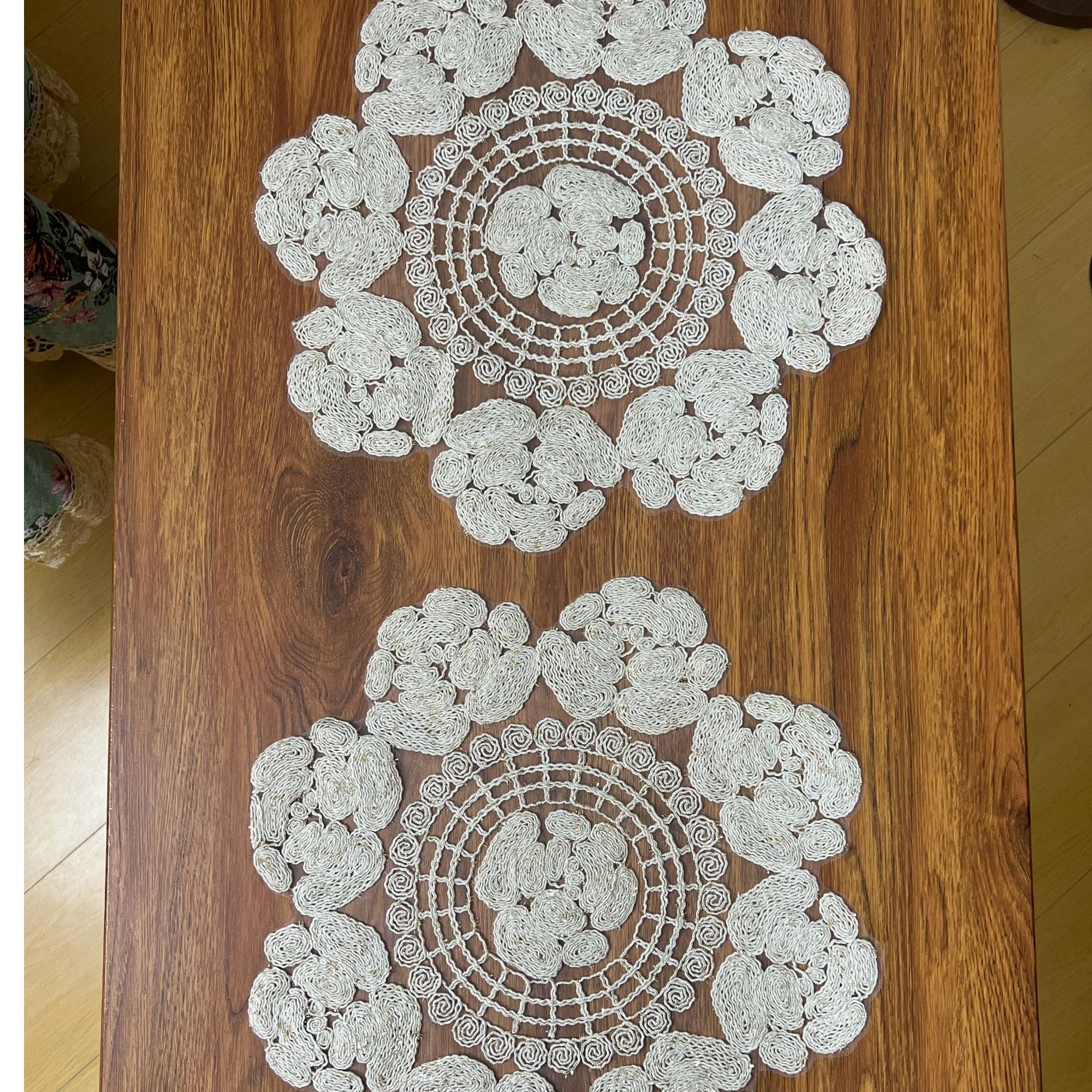 ZN085-2粗绳绣【40*40圆/对】麻本色非遗法斯麻绳绣桌布茶几盖巾