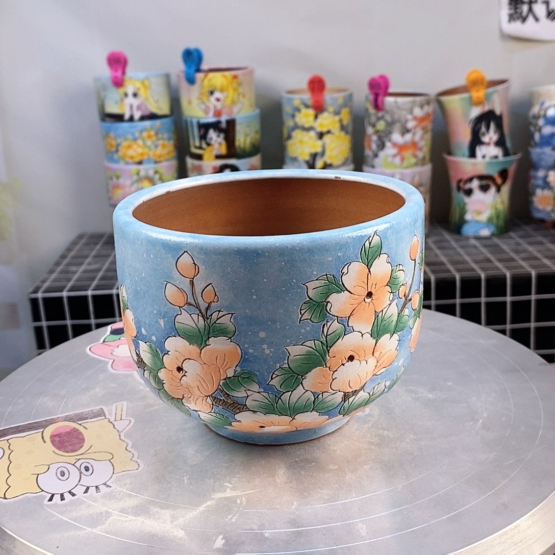 紫砂花盆红陶手绘花盆