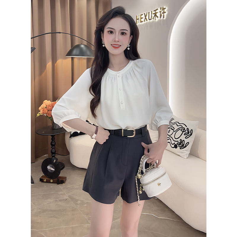 法式简约风七分袖街头松弛感宽松衬衫女2024夏季新款圆领短款上衣