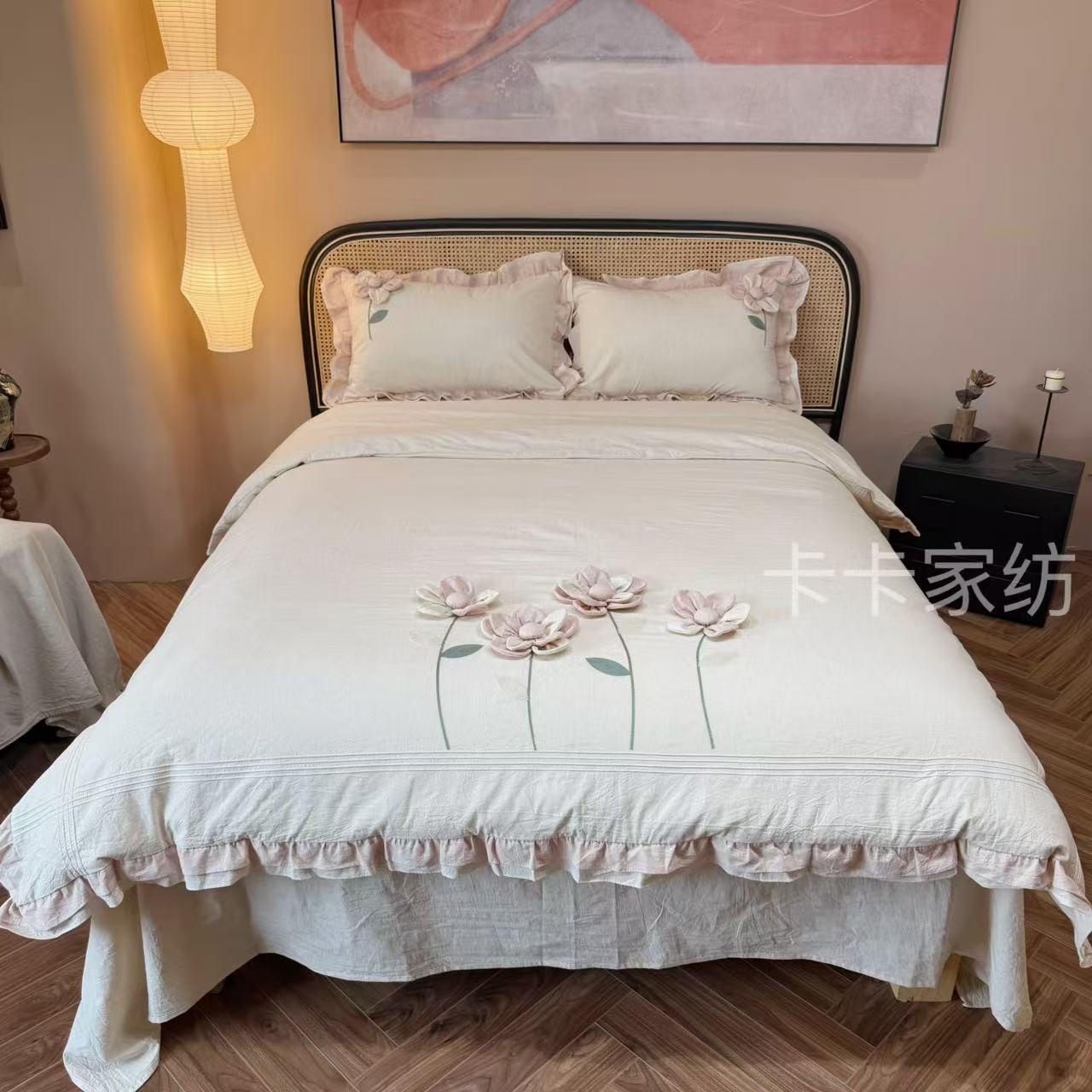 春甜·韩国外贸小众重工款立体盘花刺绣棉麻四件套