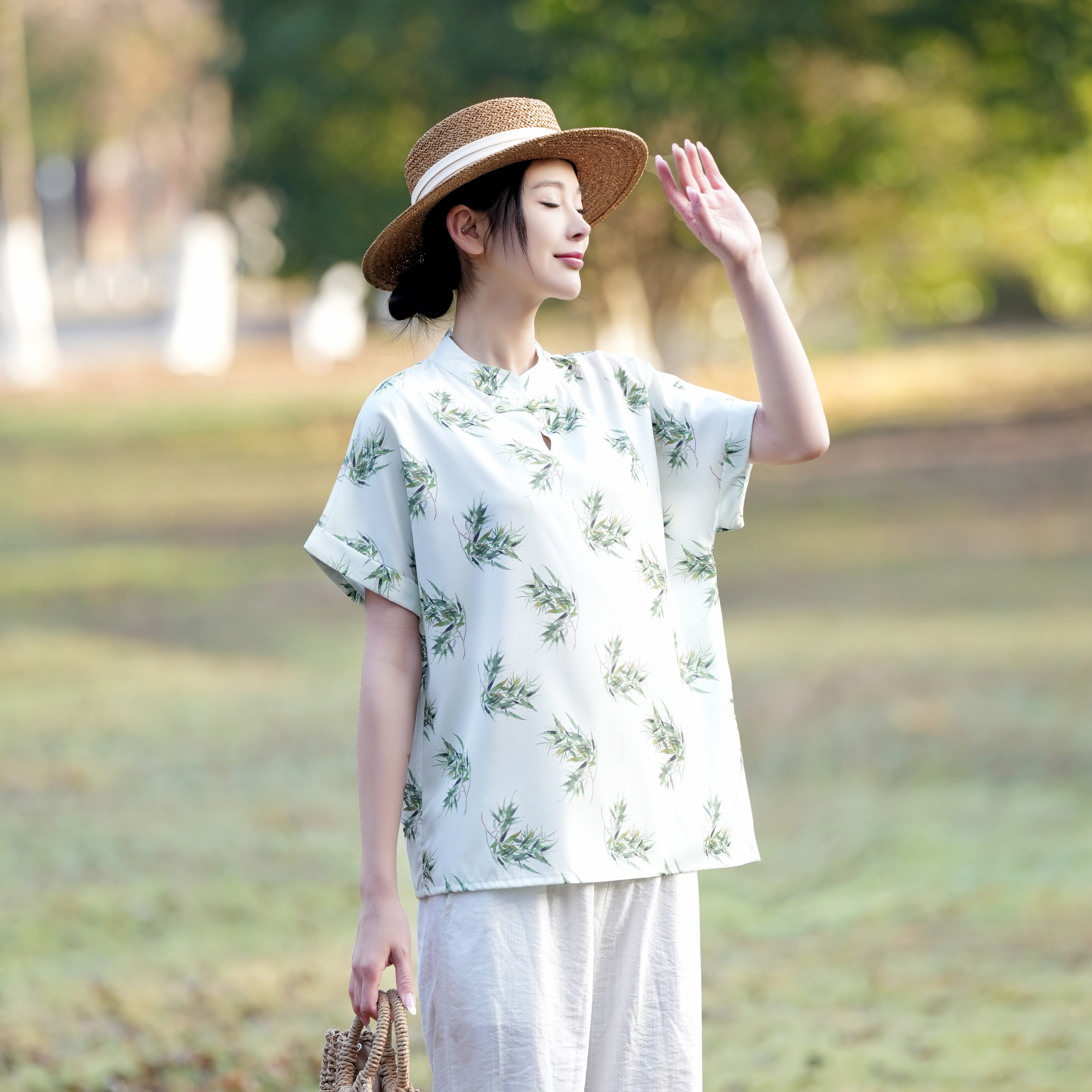 609妈妈装青竹印花短袖夏季新款国风宽松印花盘扣上衣