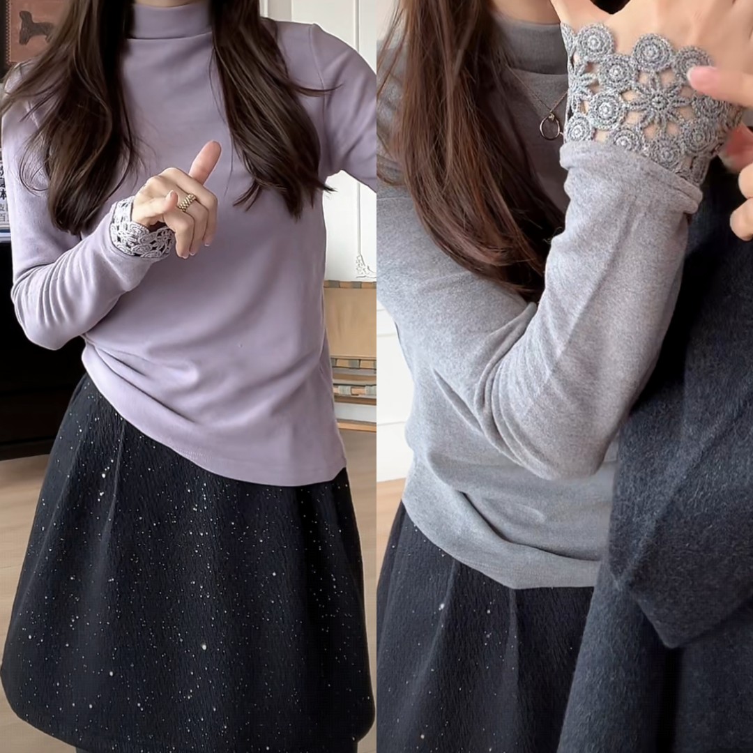 【余欢欢】冬季时尚百搭袖口蕾丝拼接高领打底衫-YHW51237