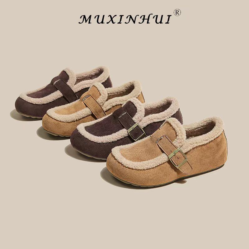 【品牌】女款软底勃肯鞋复古加绒乐福鞋秋冬季一脚蹬保暖棉鞋853-7