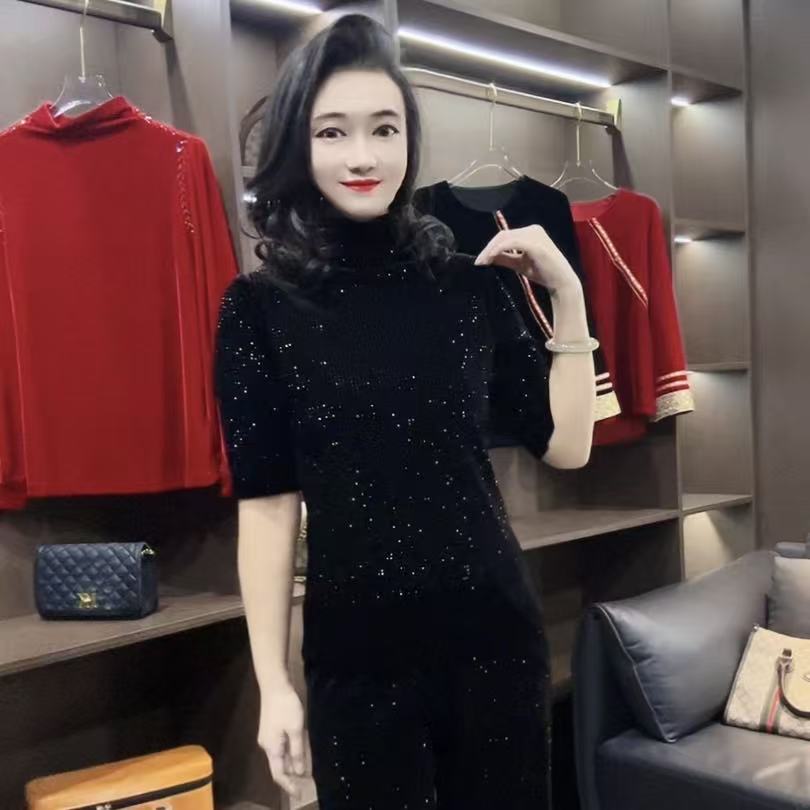 【峰姐优品】7070-7011【KX】满天星重工丝绒五分袖衫