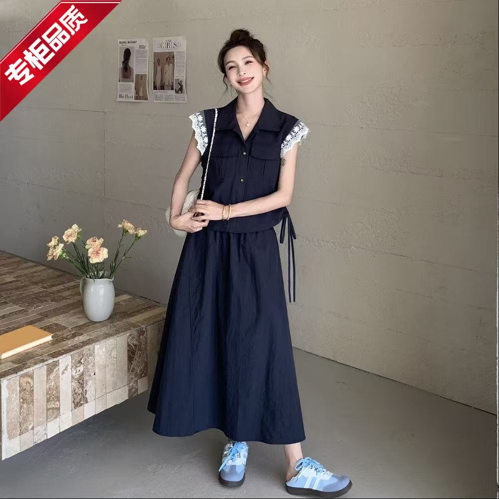 8012藏青色花边衬衫半身裙套装女夏小众不撞款气质两件套