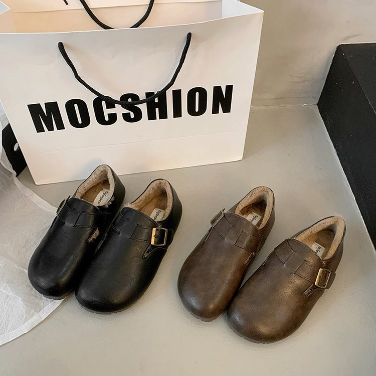 皮面3厘米复古圆头加绒勃肯鞋女秋冬季保暖毛呢一脚蹬棉鞋