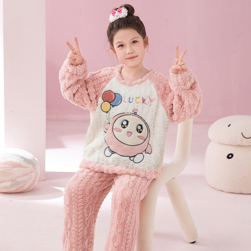 女童睡衣秋冬季保暖珊瑚绒卡通可爱小女孩睡衣中大童家居服套装