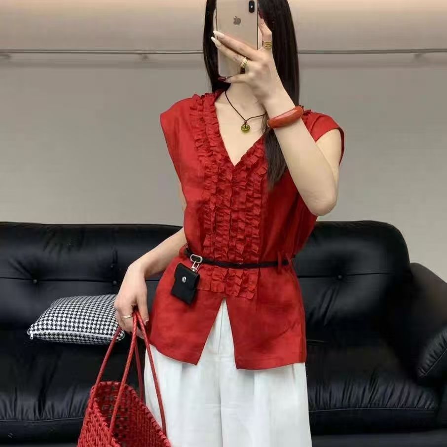 82 X 夏季女士时尚百搭腰带木耳边衬衫 F158