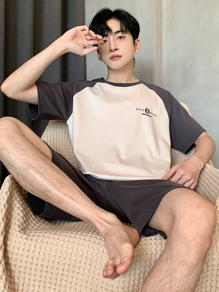 9364男士纯棉睡衣短袖短裤套装夏季男士睡衣时尚家居服休闲睡衣