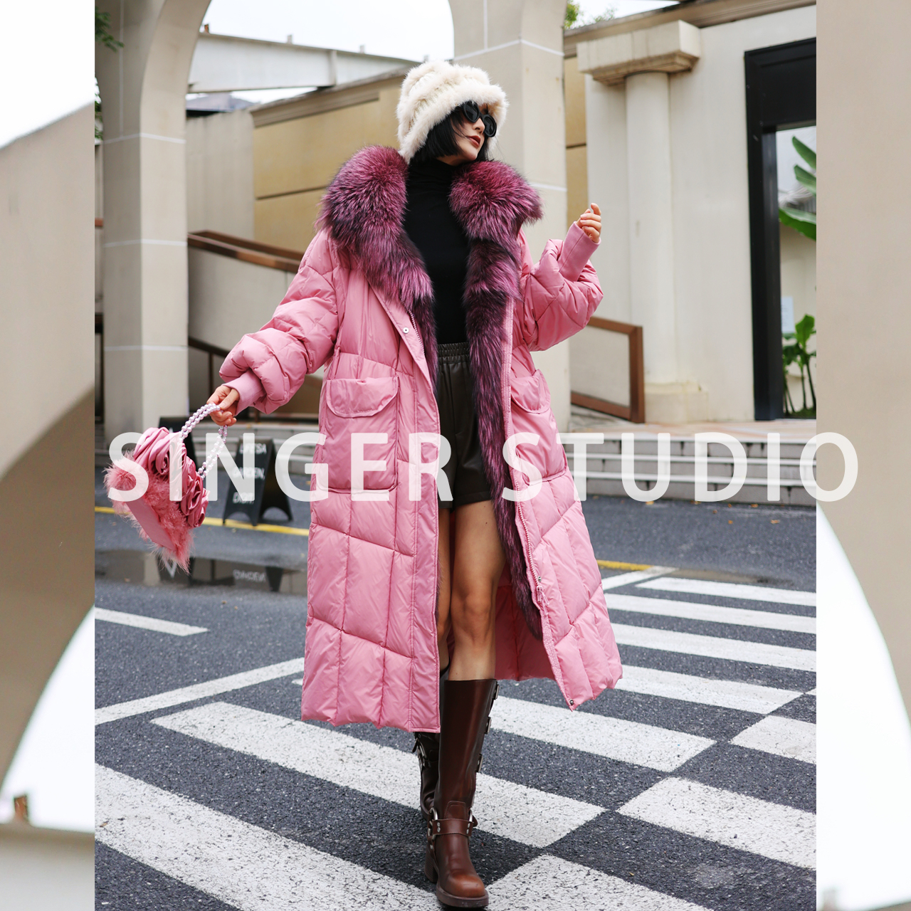 冬季新品时尚优雅宽松保暖印花长款女装羽绒服251P282