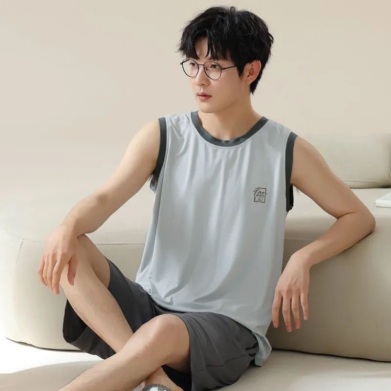 索盾夏天莫代尔男士睡衣男款夏季无袖宽松简约薄款背心短裤套装