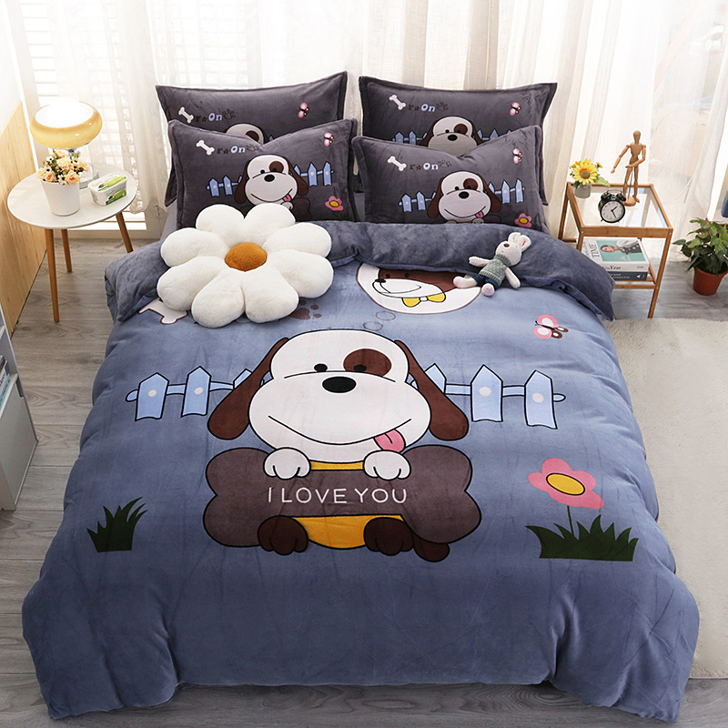 冬季牛奶绒床单四件套防静电双面绒床上三件套卡通儿童学生被套