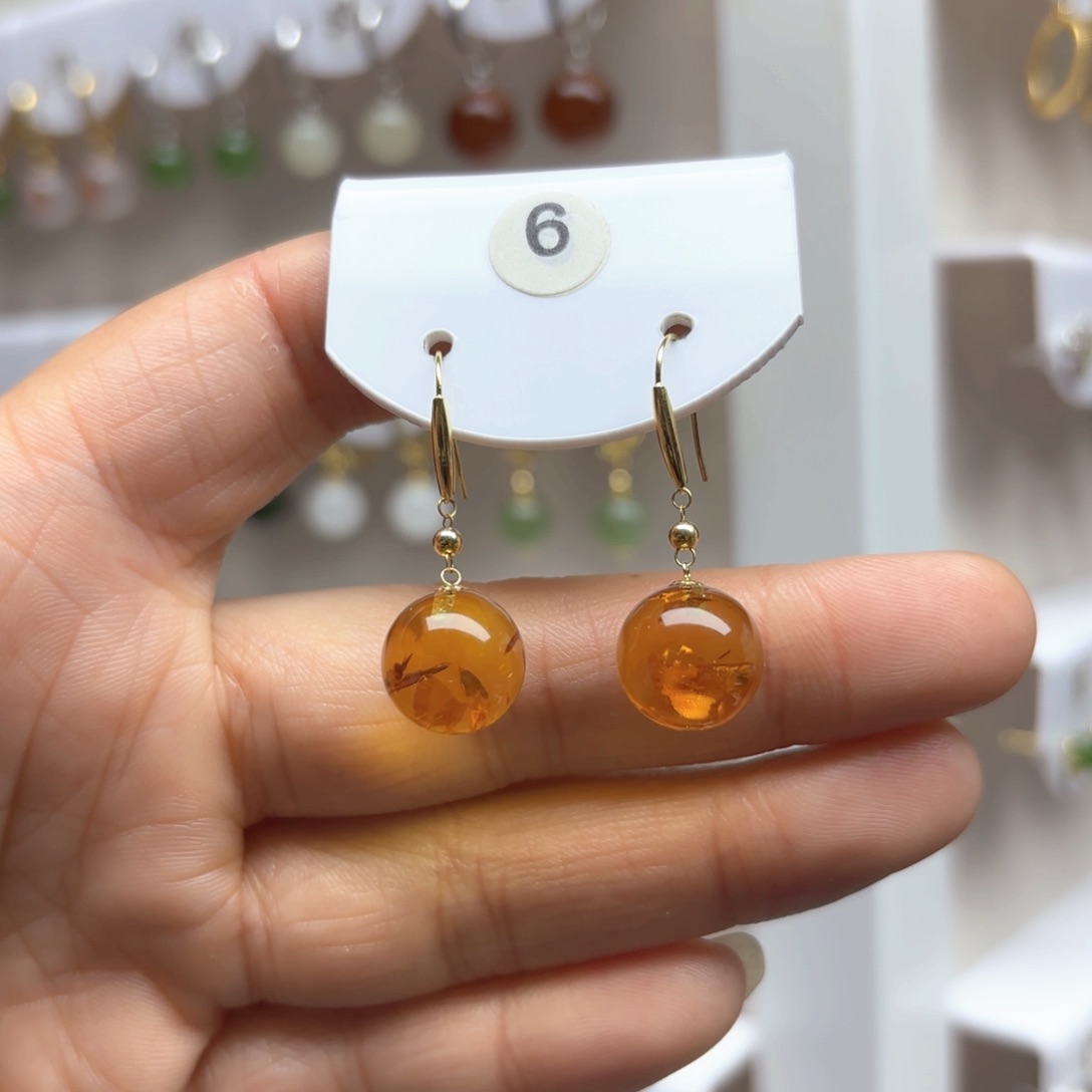 琥珀（花珀）耳饰18K金镶嵌花珀