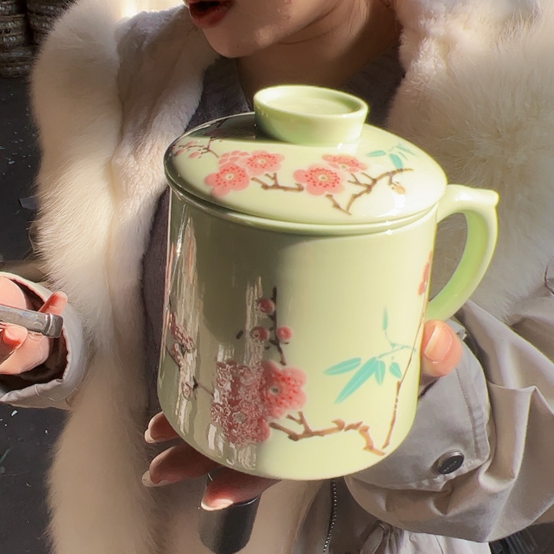 摆件陶景德镇绿xixi翠竹红梅办公杯