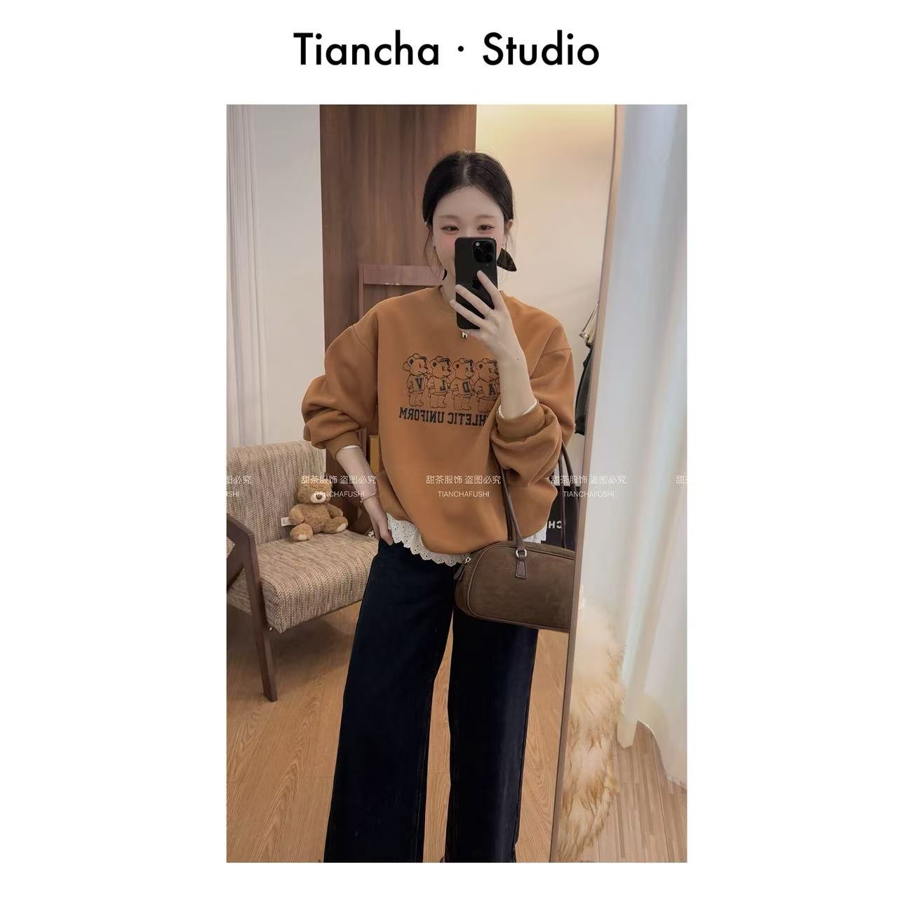 sweet c【小熊棒球队】G032#韩系秋冬蕾丝花边拼接圆领卫衣女可爱