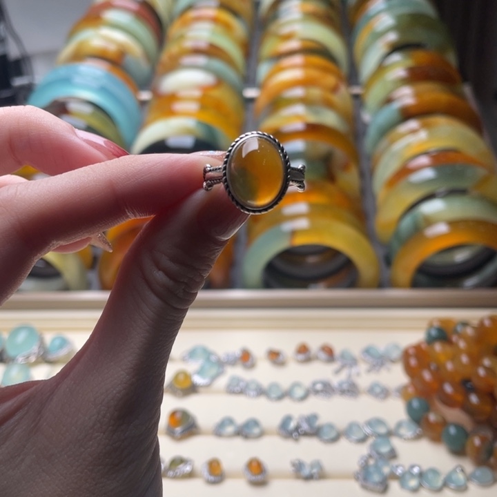 蛇纹石玉戒指银S925镶嵌c**～