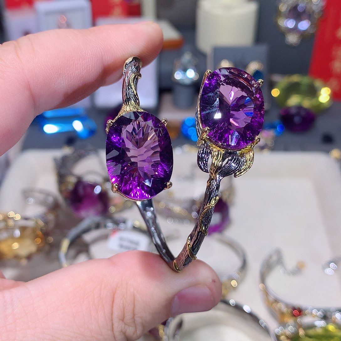 水晶手镯银S925镶嵌手镯