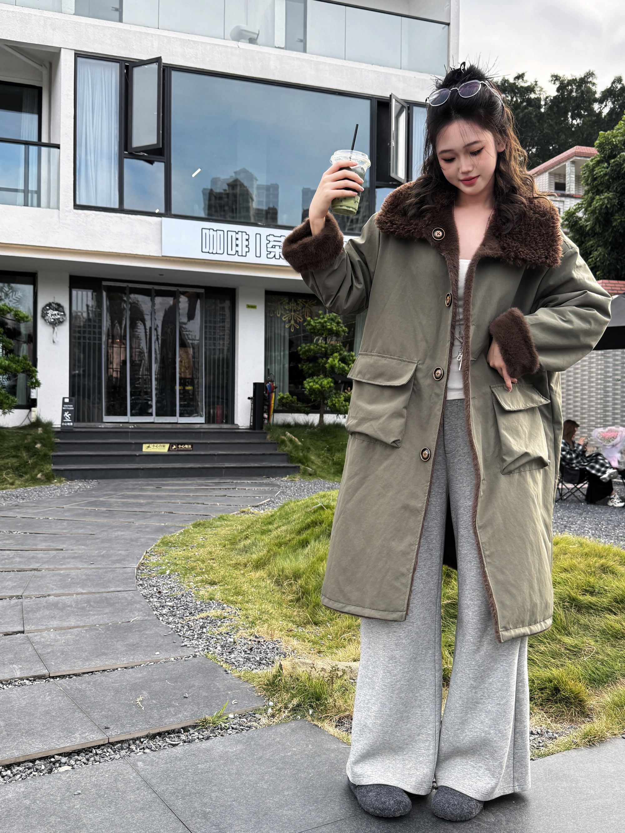 佳佳【8088】新款长款棉服大衣 仿水貂毛加厚 双面穿时尚宽松中长款