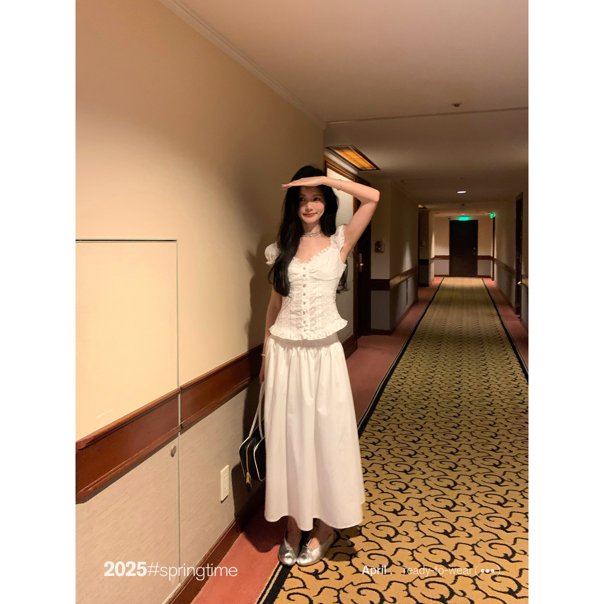 SUNONEONE 蕾丝拼接腰头半身裙女夏季白色宽松中长款裙子H1011Q