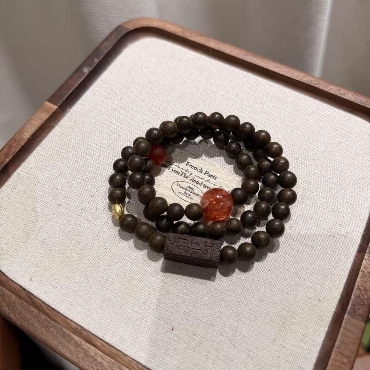 「云水檀心」木质红胶花水晶多圈手串手链 多样性发其一W663