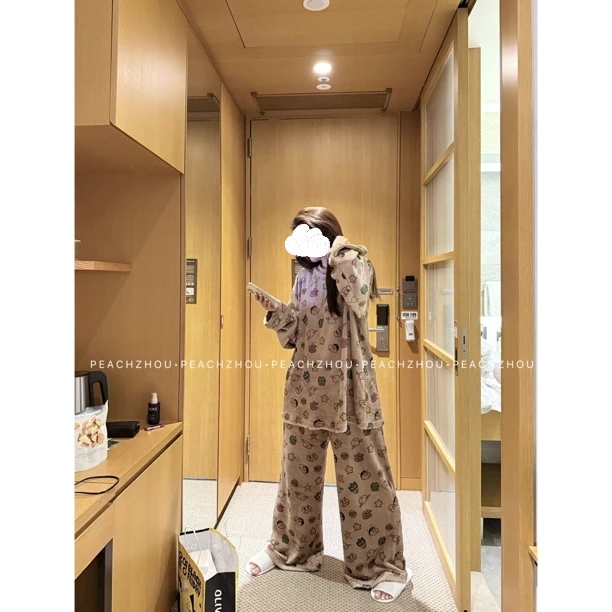 法兰绒蜡笔卡通宽松圆领长袖松紧腰长裤家居服套装