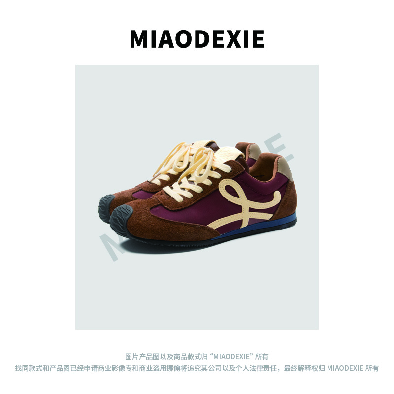 2025春季新款1128 磨砂皮圆头系带拼色休闲鞋女士鞋