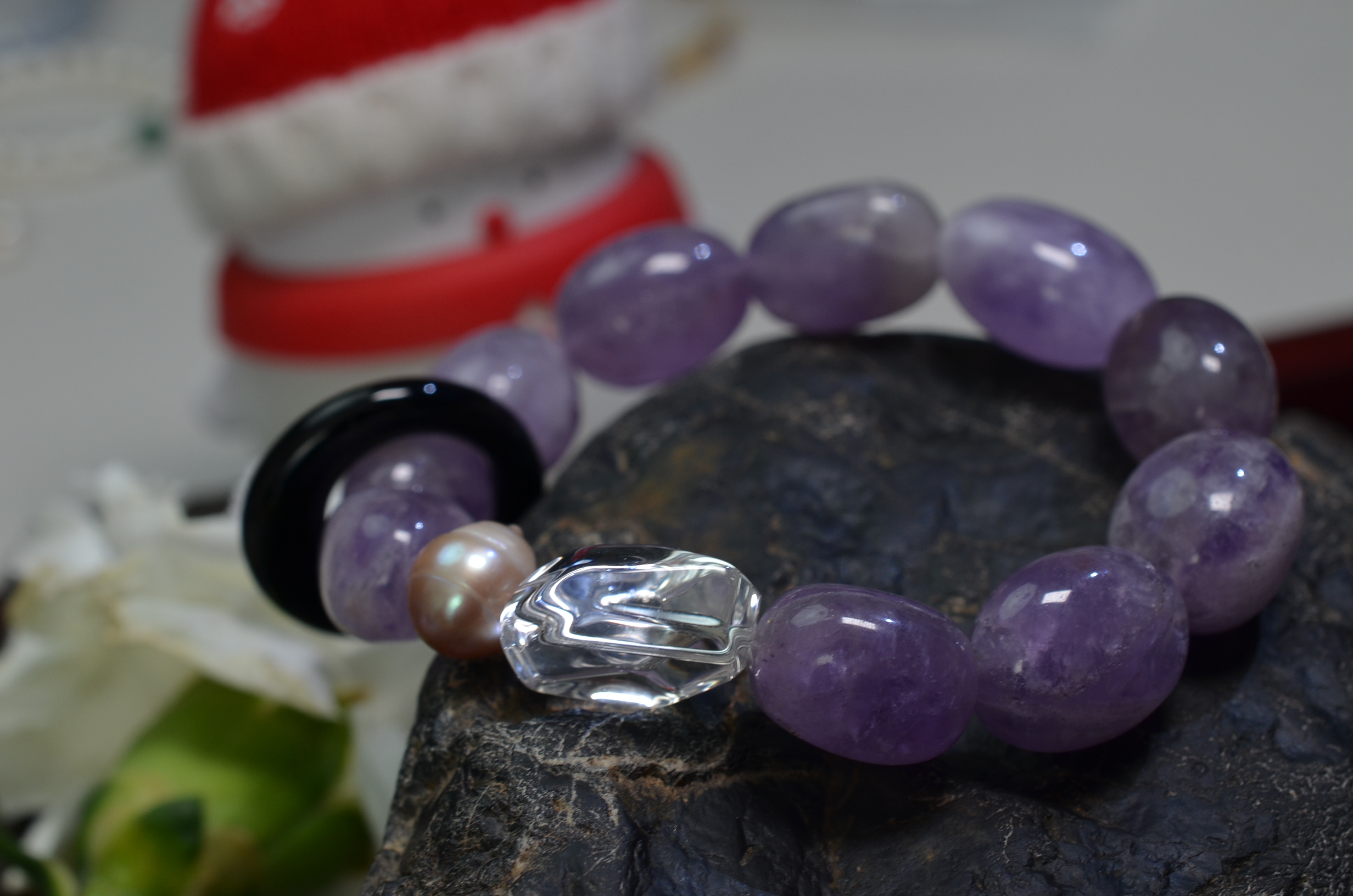 55【九紫离火】天然紫水晶手链 +白水晶珍珠转运珠大手串 约15*20MM