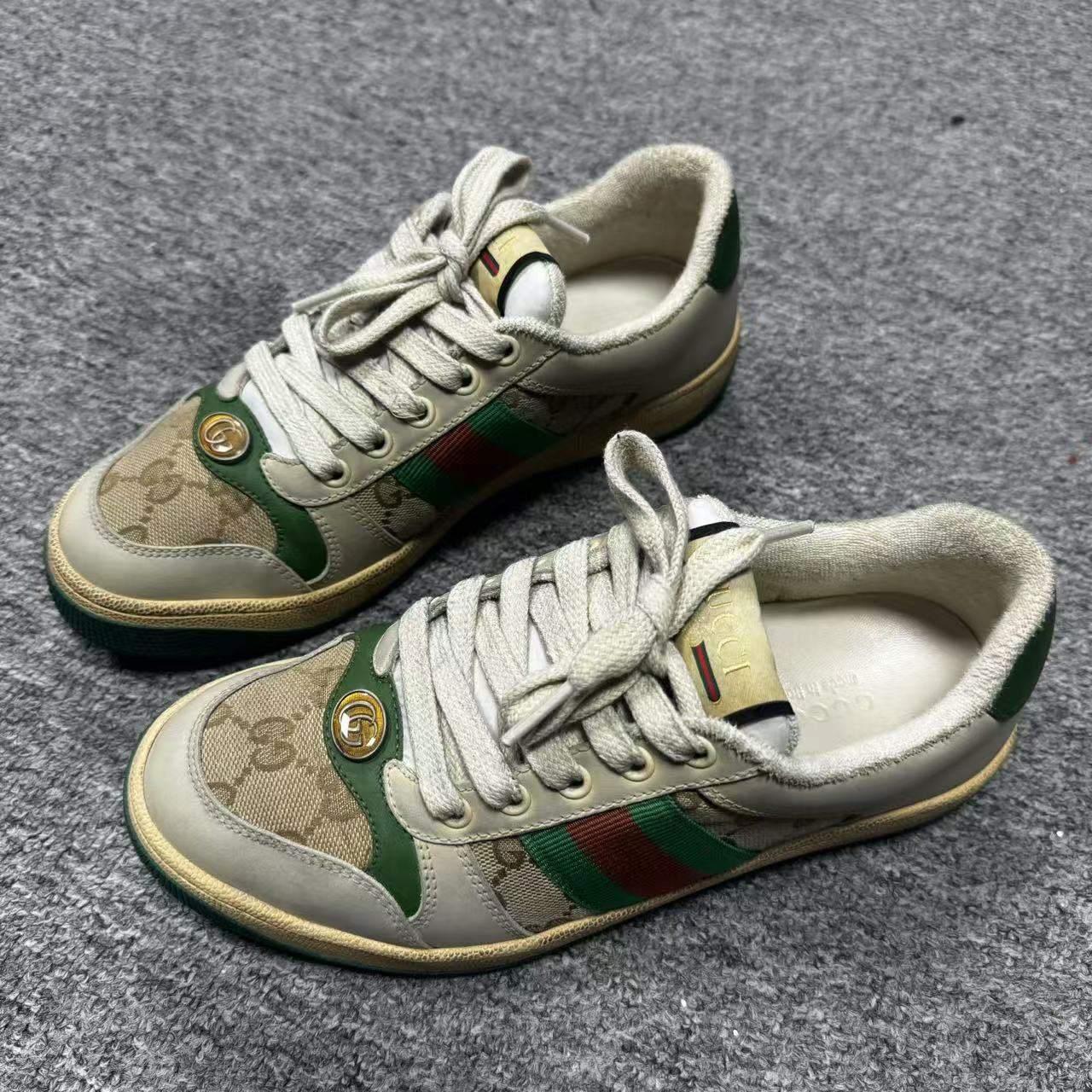 95新 GUCCI/古驰 36.5码/无配件/绿色做旧拼色平底复古脏脏鞋1154