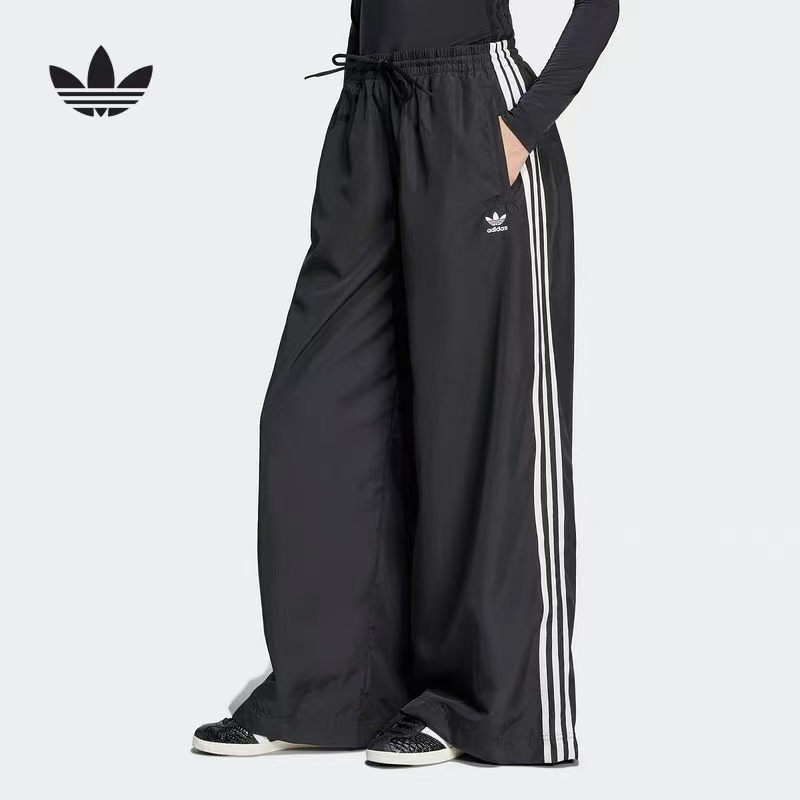 【大明宫AD】阿迪达斯三叶草春梭织长裤黑色系带条纹阔腿裤 JD3390