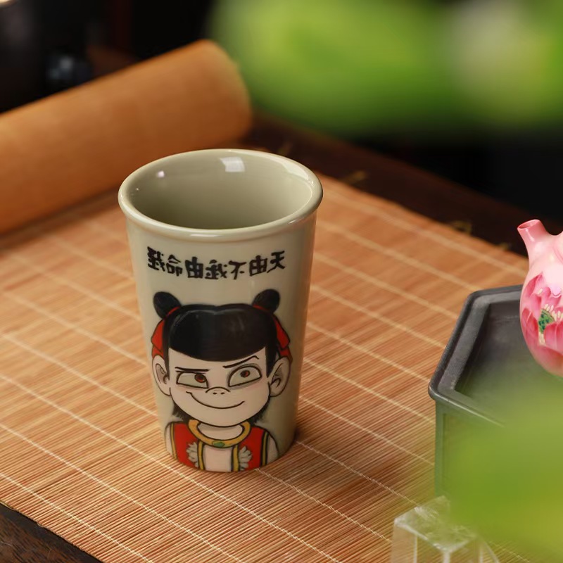 青瓷 【哪吒】茶杯  米黄草木灰釉 我命由我不由天
