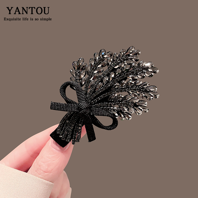 高级感枪黑色水钻麦穗发夹时尚气质蝴蝶结侧边夹鸭嘴夹 LN-7674