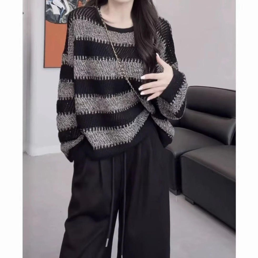 设计感撞色条纹圆领长袖毛衣女2025秋季新款百搭休闲上衣9007